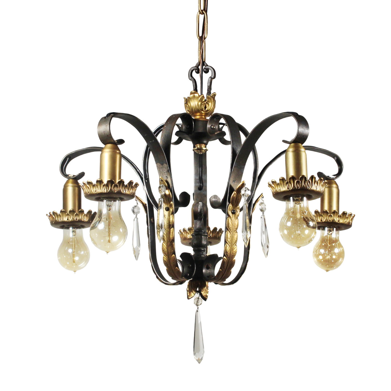 Antique Two-Tone Exposed Bulb Chandelier with Prisms, Early 1900s