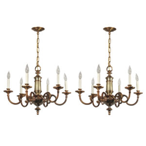 Matching Vintage Six-Light Cast Bronze Chandeliers, Colonial Revival