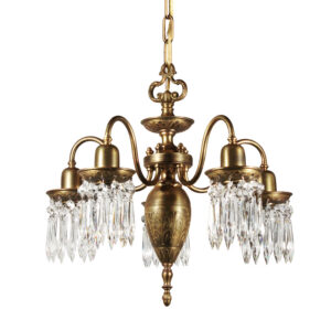 Antique Brass Chandelier with Prisms, Early 1900’s