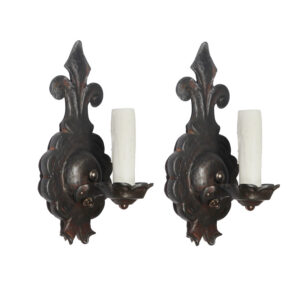 Pair of Antique Cast Iron Single-Arm Tudor Sconces, Fleur de Lis