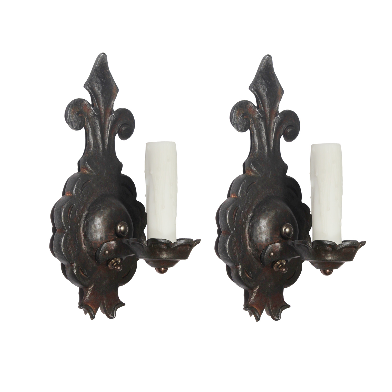 Pair of Antique Cast Iron Single-Arm Tudor Sconces, Fleur de Lis
