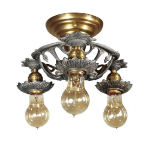 Antique Three-Light Flush Mount Fixture with Exposed Bulbs