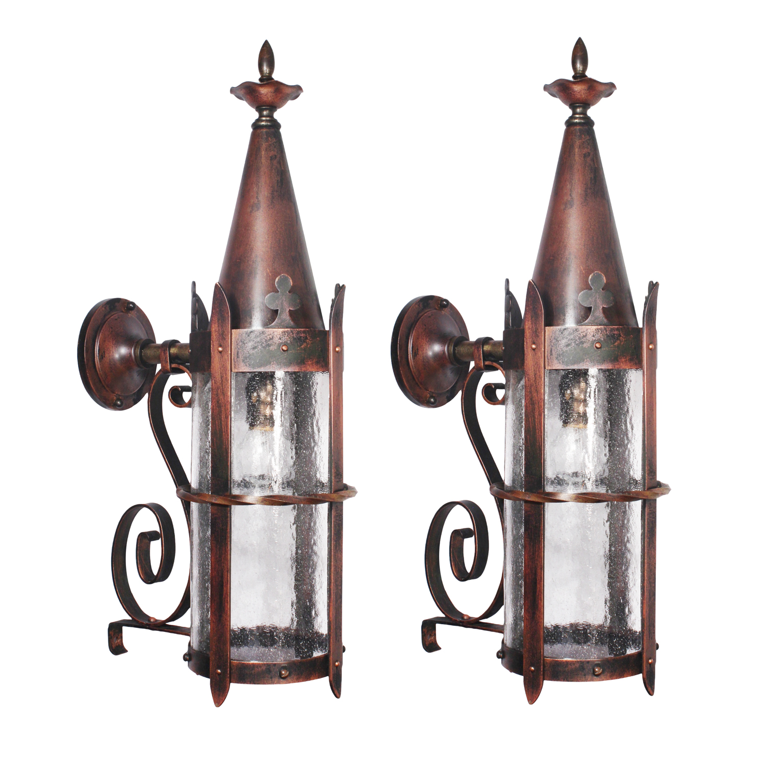 Antique Copper Exterior Lantern Sconce Pair, Trefoil