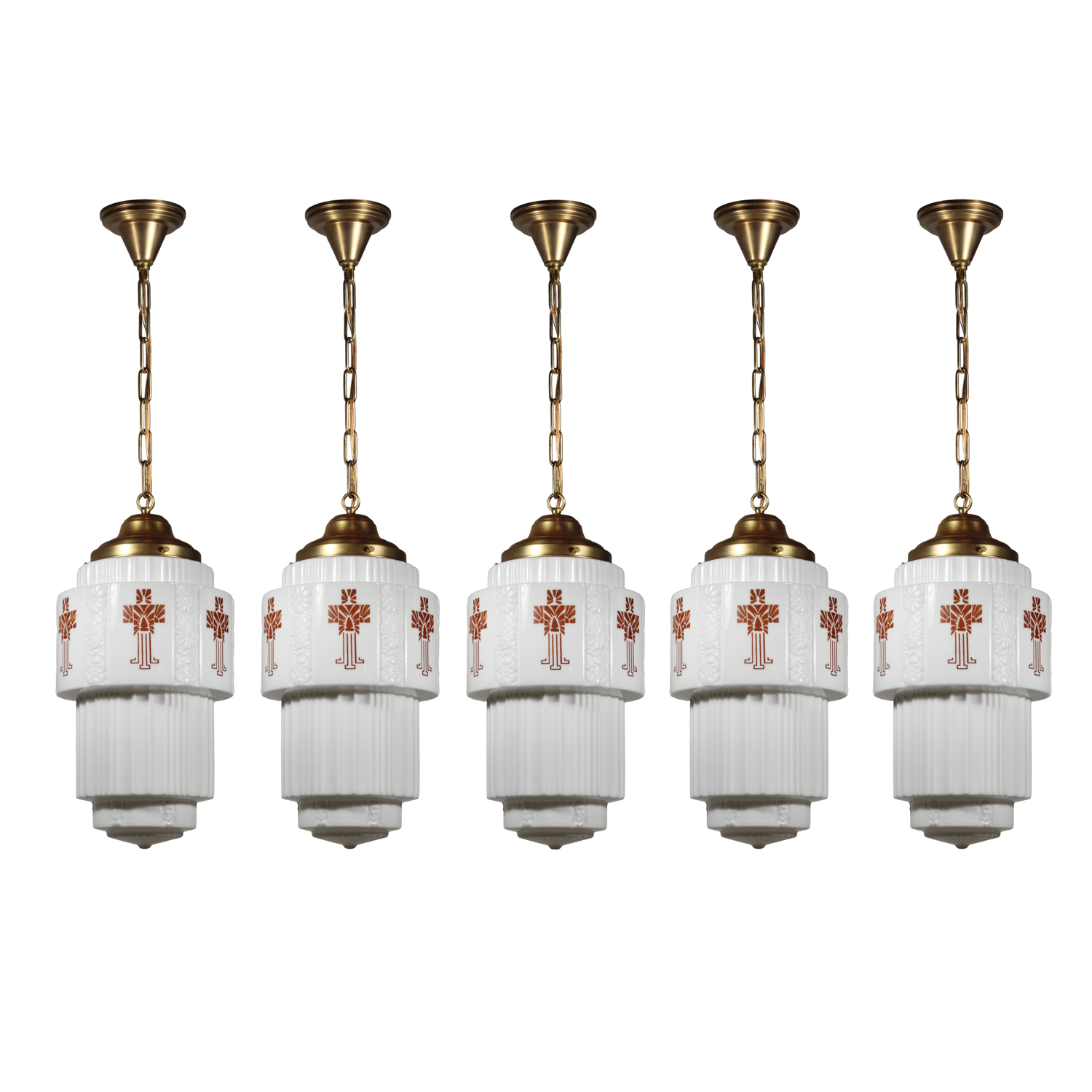 Matching Antique Art Deco Skyscraper Pendant Lights, Early 1900’s