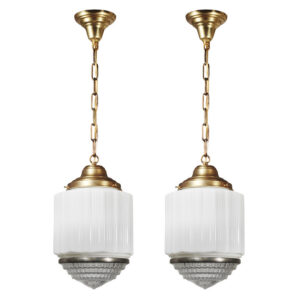 Antique Matching Art Deco Pendant Lights with Two-Part Prismatic Shade, c. 1930