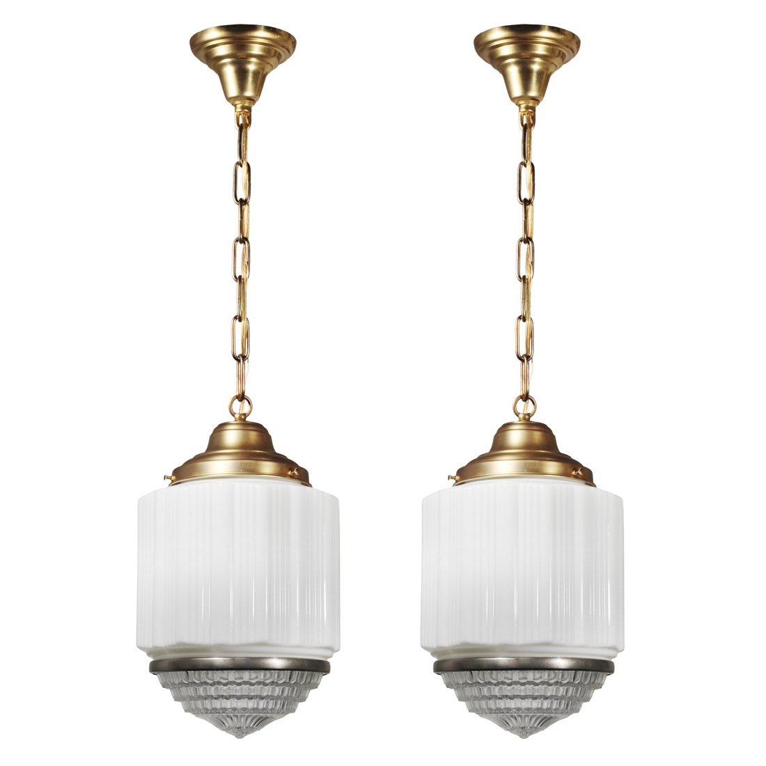 Antique Matching Art Deco Pendant Lights with Two-Part Prismatic Shade, c. 1930