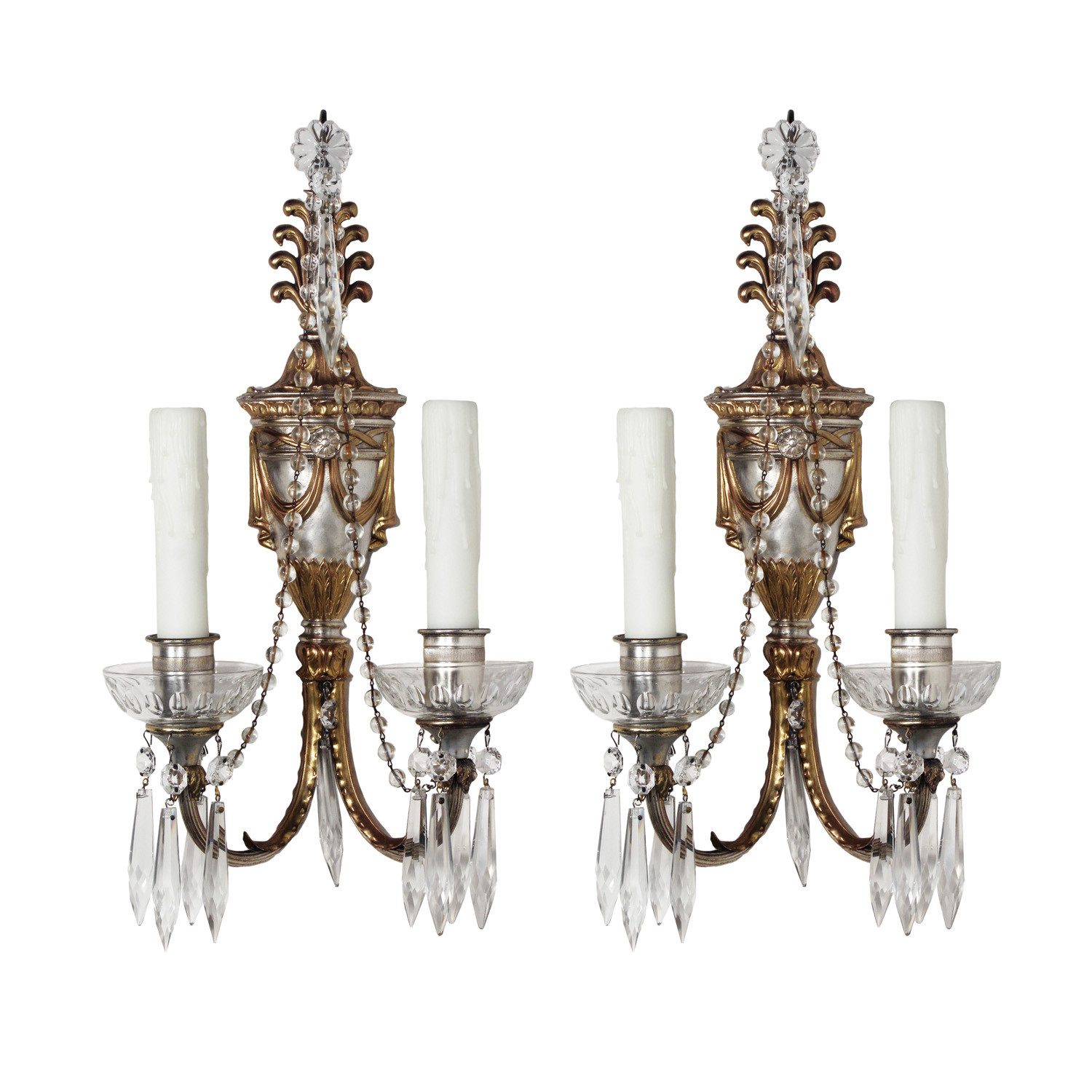 Pair of Antique Neoclassical Two-Tone Sconces, Prisms