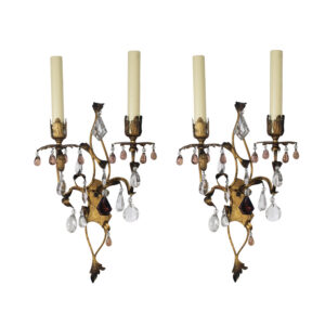 Pair of Antique Brass Double Arm Sconces by E. F. Caldwell, Prisms