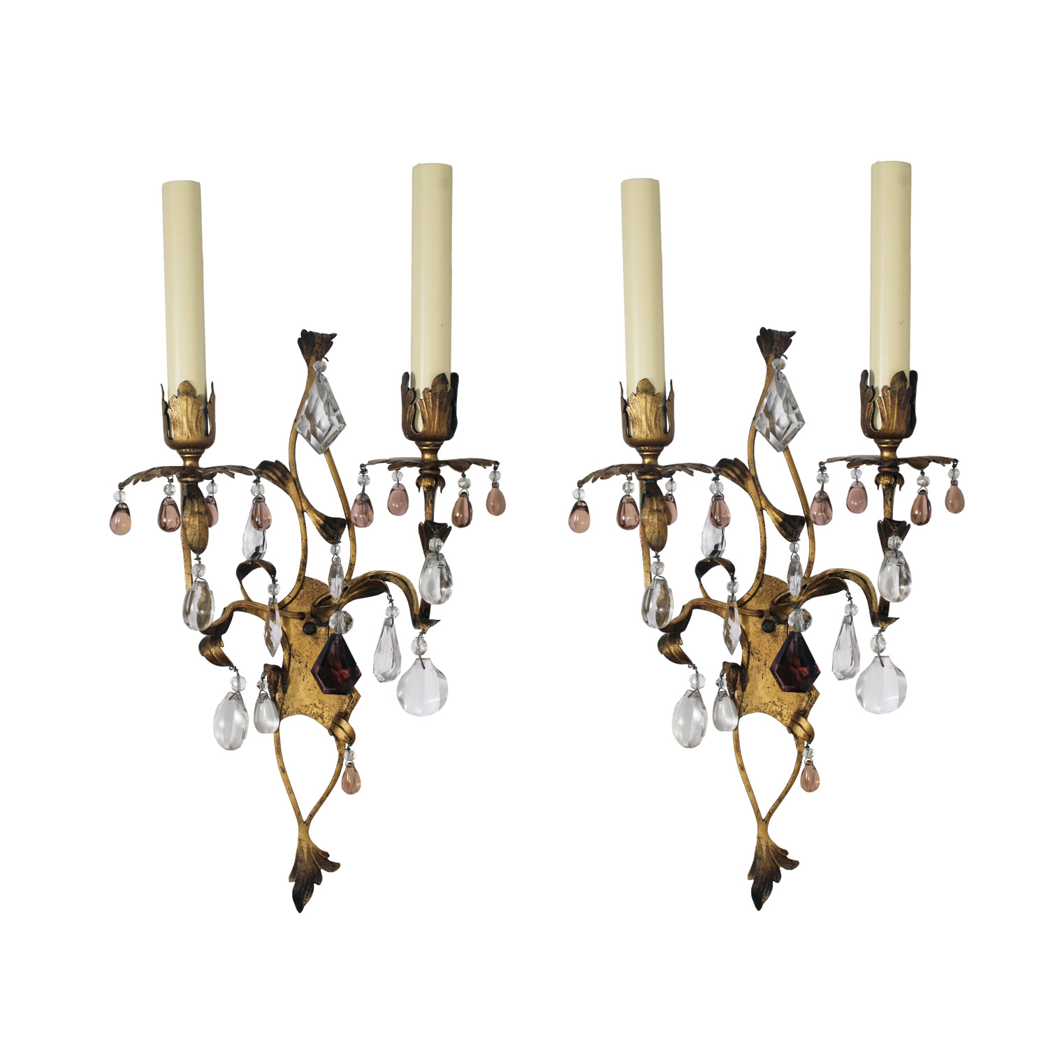 Pair of Antique Brass Double Arm Sconces by E. F. Caldwell, Prisms