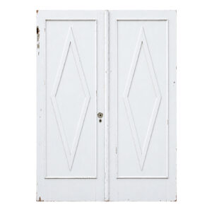 Pair of Salvaged 60″ Solid Doors with Diamond Trim Pair of Salvaged 60″ Solid Doors with Diamond Trim