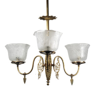 Antique Bronze Gas Chandelier with Glass Shades, c. 1880