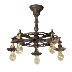 Antique Cast Iron Semi Flush-Mount Chandelier with Exposed Bulbs