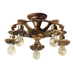 Antique Semi Flush-Mount Chandelier with Exposed Bulbs, Polychrome