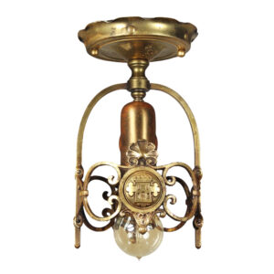 Antique Brass Exposed Bulb Flush Mount Fixture, Castle