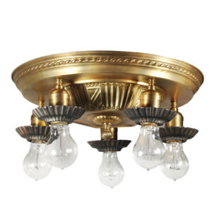 Antique Brass Flush Mount with Exposed Bulbs, Early 1900’s