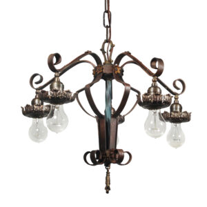 Antique Cast Iron Exposed Bulb Five-Light Chandelier, Polychrome