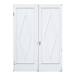 Pair of Reclaimed 60″ Solid Doors with Diamond Trim, Early 1900’s Pair of Reclaimed 60″ Solid Doors with Diamond Trim, Early 1900’s