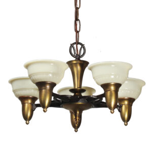 Antique Art Deco Chandelier with Original Sit-In Shades, Brass & Iron